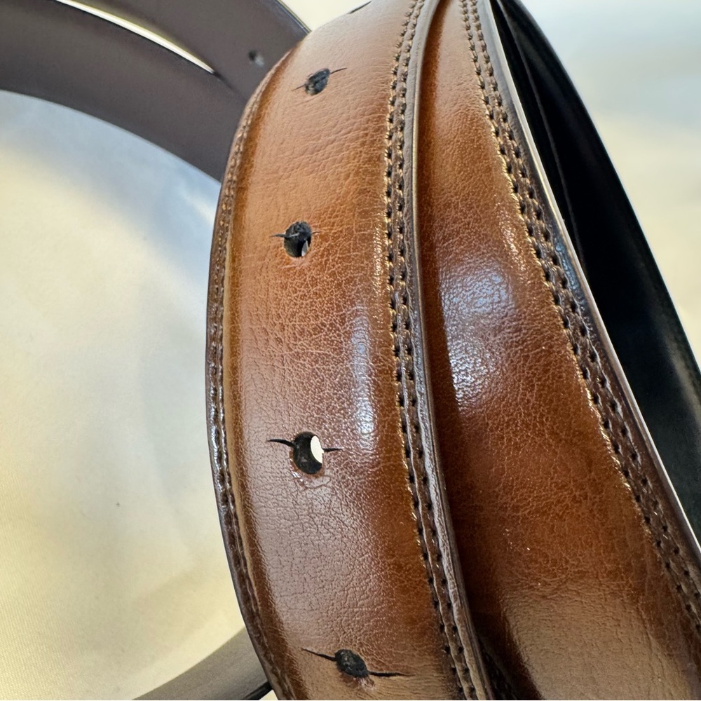 Two Perry Ellis Brown/Black Leather Reversible Belts - Black/Gunmetal 30/32 - Picture 4 of 13